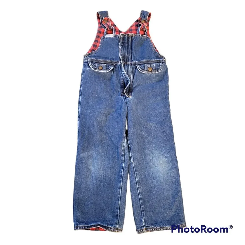 Vtg Sasson Baby Girls Overalls Coveralls Denim Pattern Sz 3t Plaid Red Black